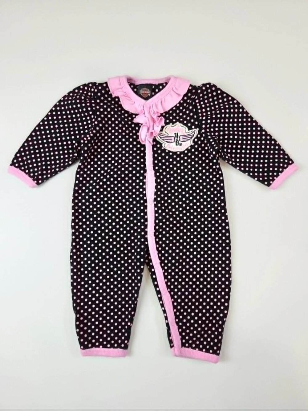 Harley-Davidson Baby Girl Biker Chic Pink Polka Dot Ruffle Sleeper 3/6M